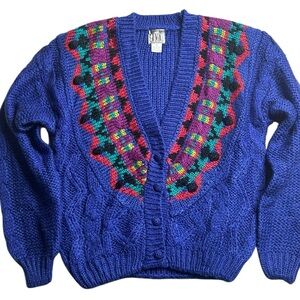 Vintage IVY Hand-Knit Cardigan‎ Sweater Bold Colorful Pattern Button Front Small